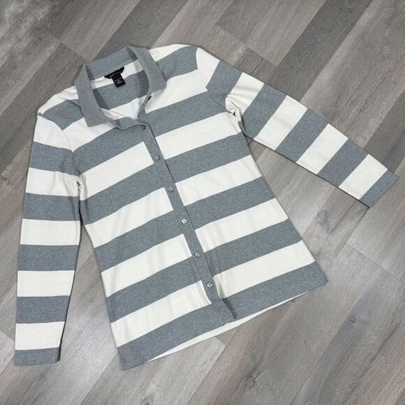 Moda International Rugby Stripes Button Front Cardigan Sweater Grey White Medium - Picture 11 of 11
